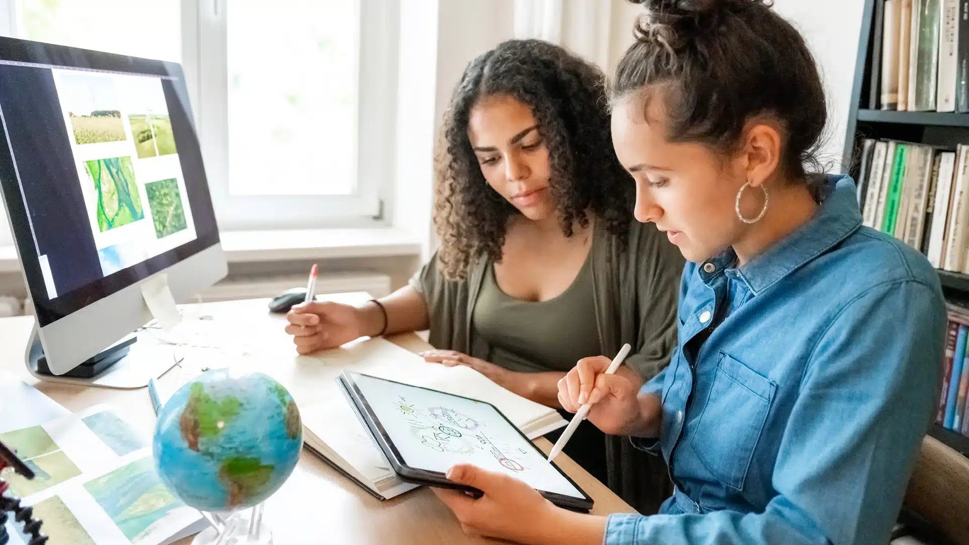two women looking at a tablet while sitting in front of a computer screen