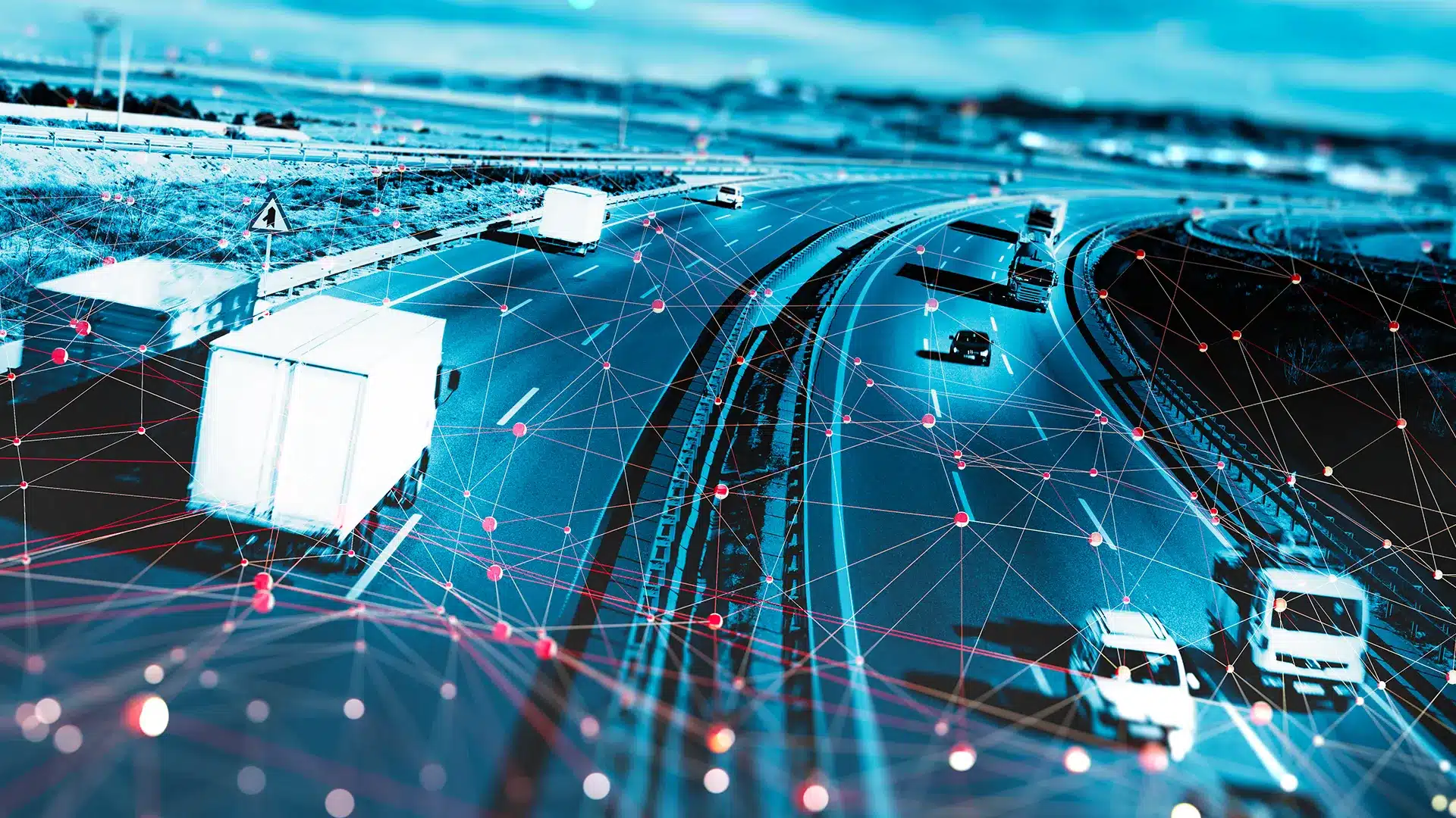 trucks and cars on a highway connected with dots and lines